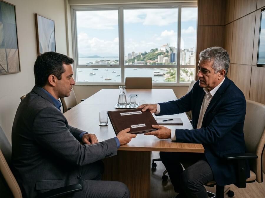 Sócio sênior entregando relatório de investigação ao cliente